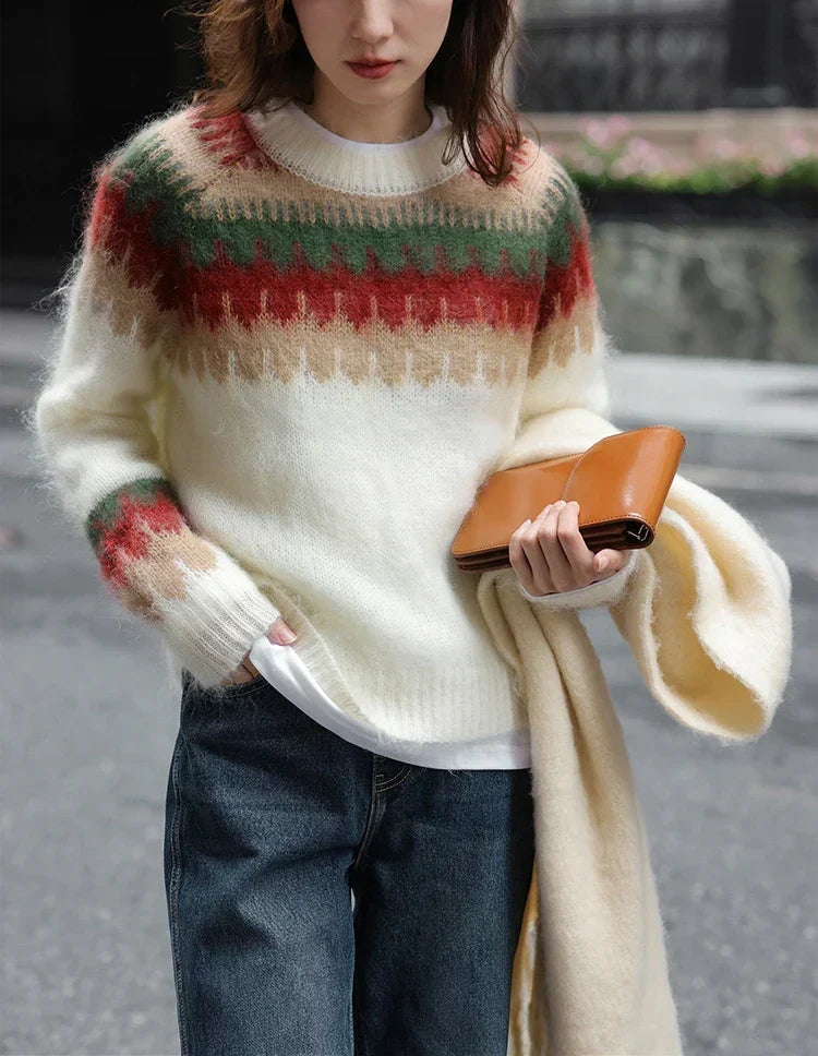 Christmas Red Thick Retro Lazy Wind Sweater Cream / S