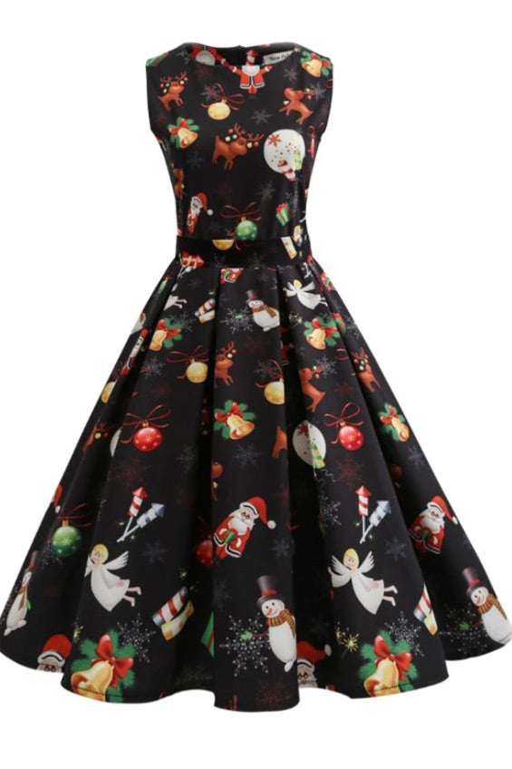 Christmas Retro Printed Boatneck Dress - Mislish