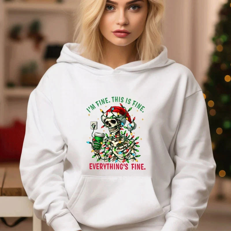 Casual Christmas Skull Print Cozy Hoodie