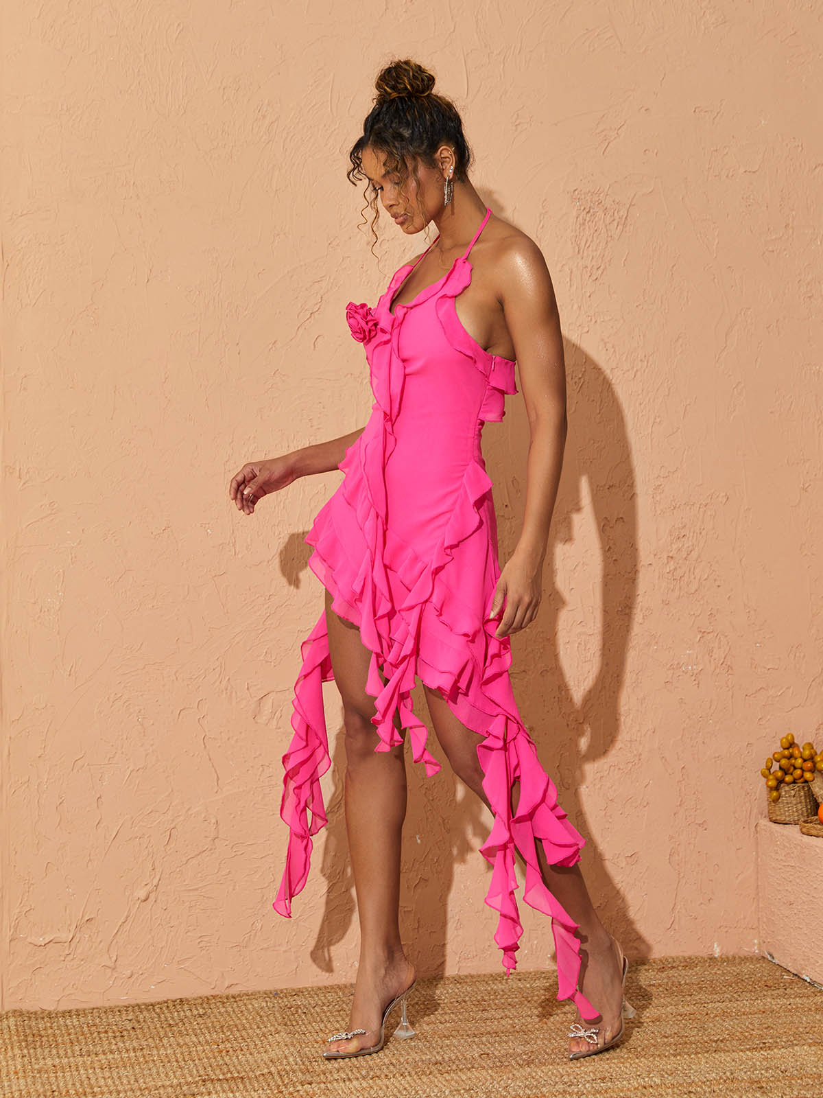 Chiffon Halter Neck Rosette Cascade Ruffle Asymmetric Mini Dress 4