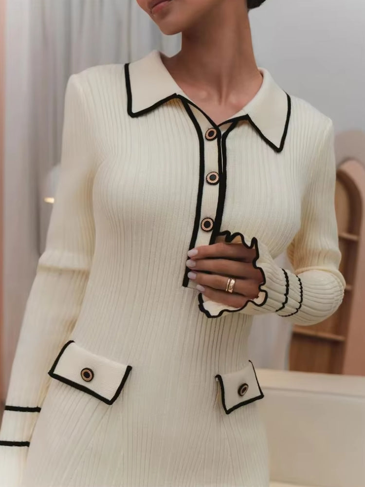 Ribbed Knit Collared Long Sleeve Button-Front Midi Dress 4