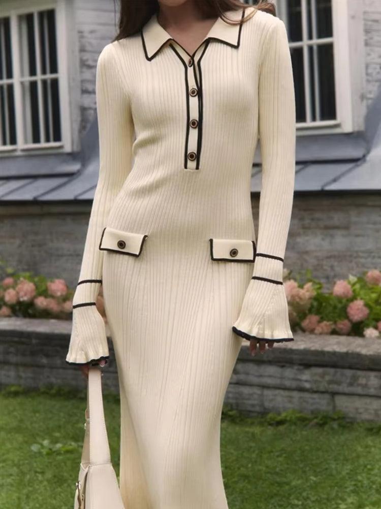 Ribbed Knit Collared Long Sleeve Button-Front Midi Dress