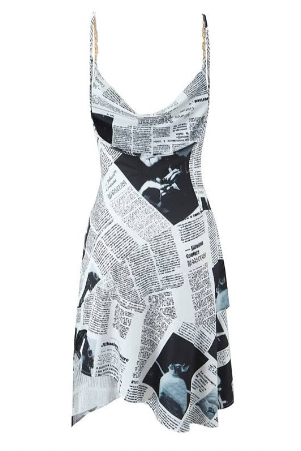Celebrity Inspired Asymmetric Newspaper Print Backless Party Dress