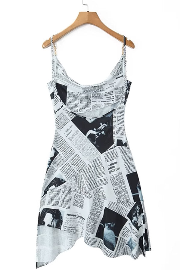 Celebrity Inspired Asymmetric Newspaper Print Backless Party Dress