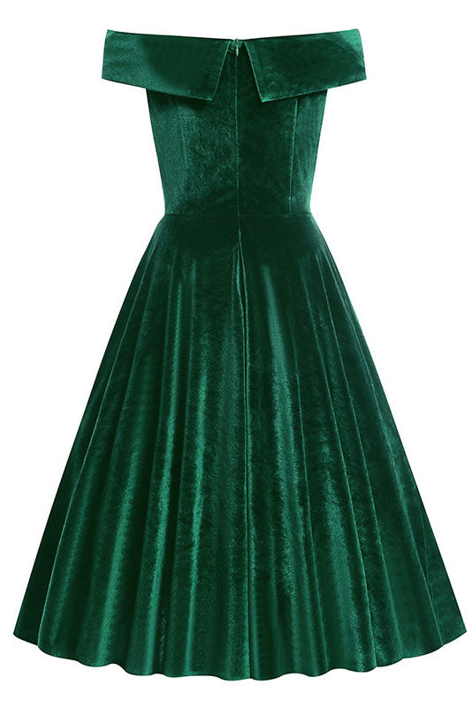 Velvet Off-Shoulder Pleated Fit-and-Flare Midi Dress