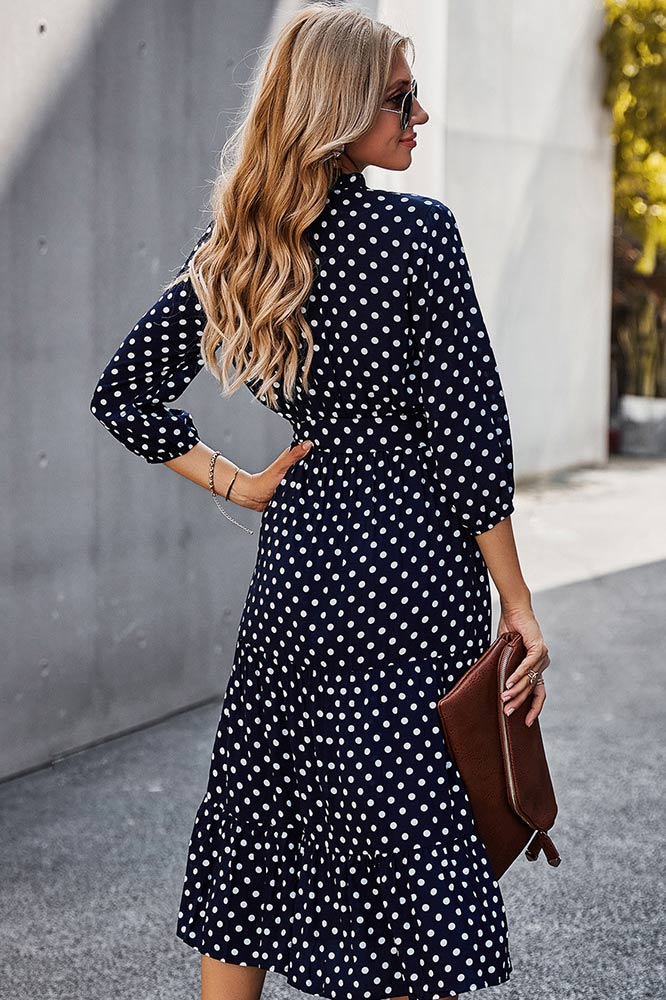 Classic Polka Dot Printed Gathered Waist Midi Dress