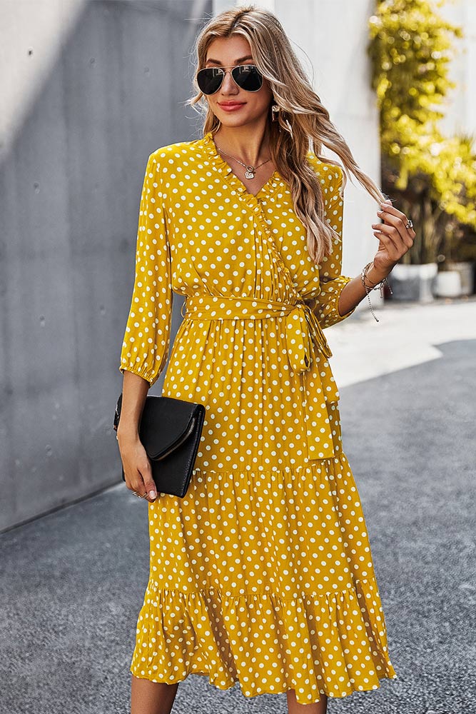 Classic Polka Dot Printed Gathered Waist Midi Dress