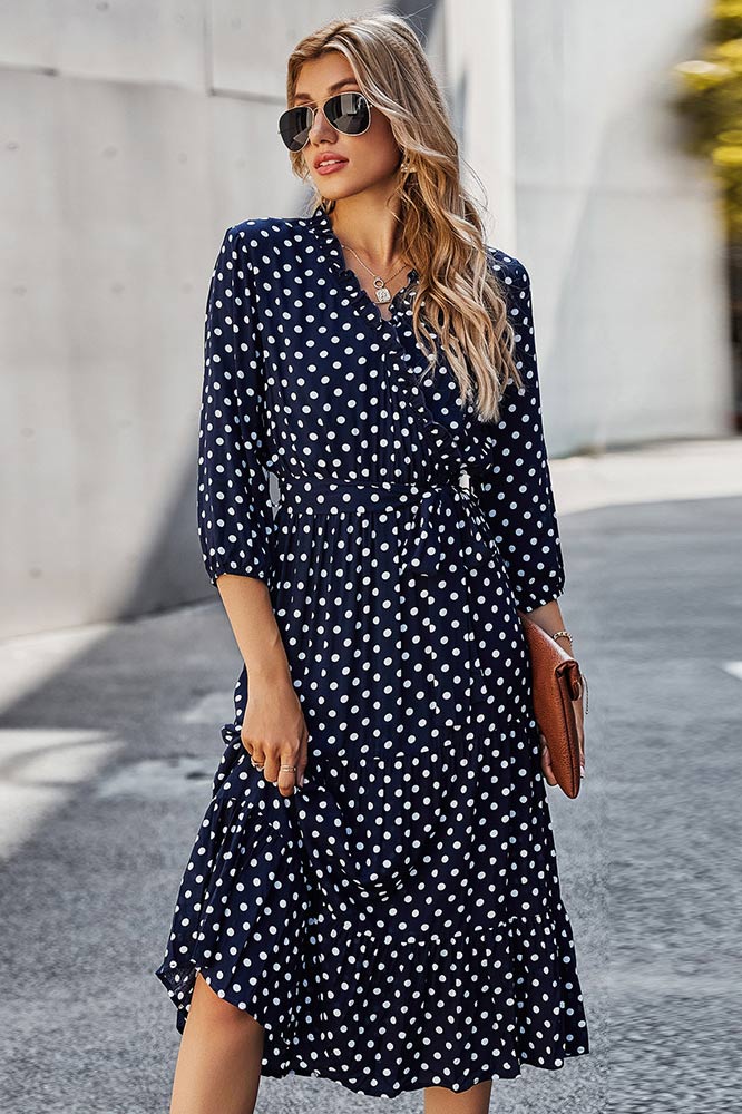 Classic Polka Dot Printed Gathered Waist Midi Dress