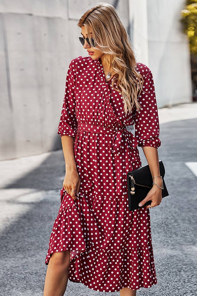 Classic Polka Dot Printed Gathered Waist Midi Dress