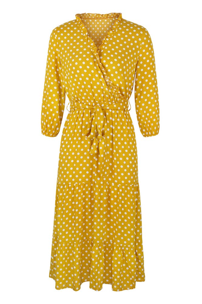 Classic Polka Dot Printed Gathered Waist Midi Dress