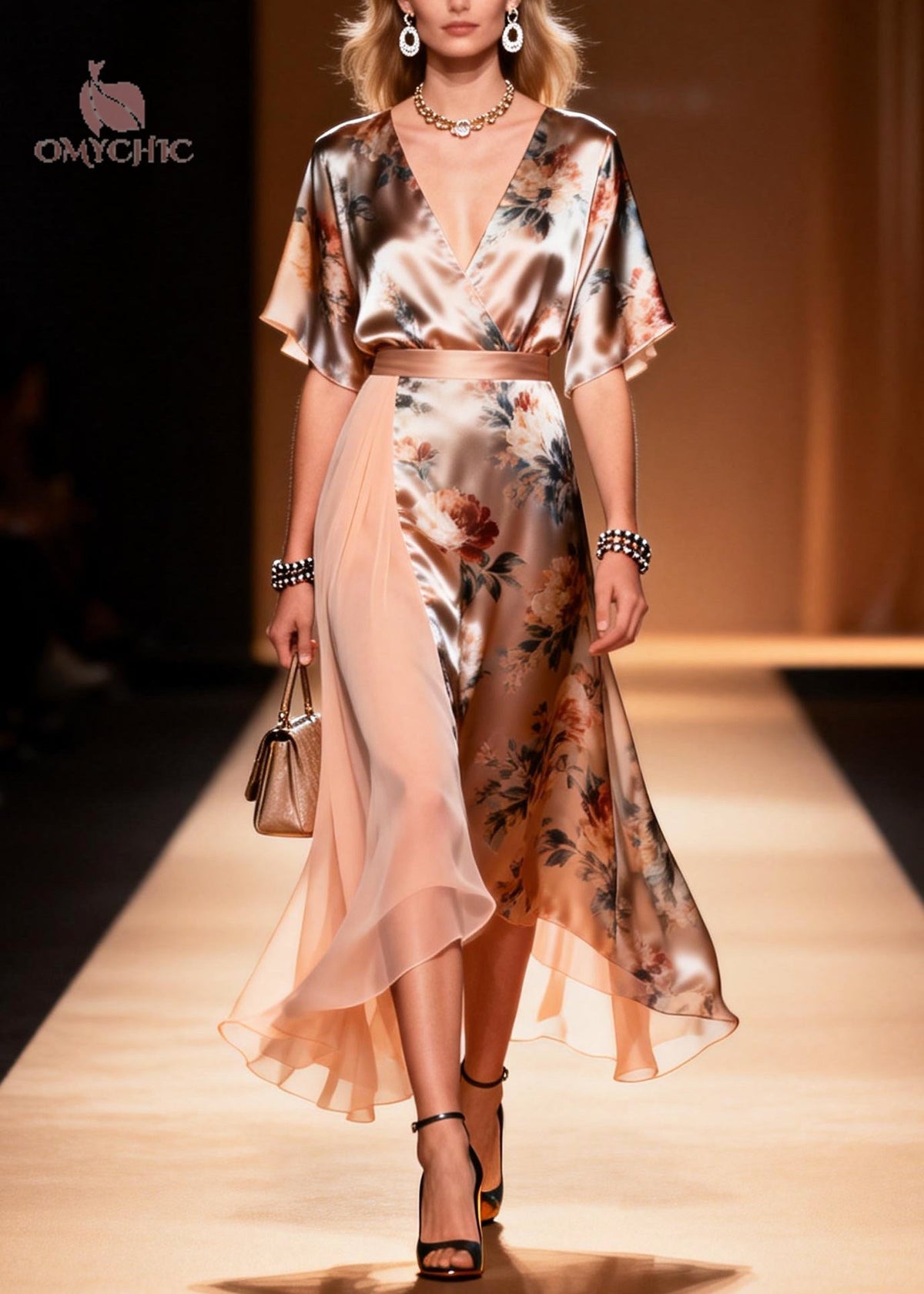 Floral Print Deep V-Neck Flutter Sleeve Satin Wrap Midi Dress