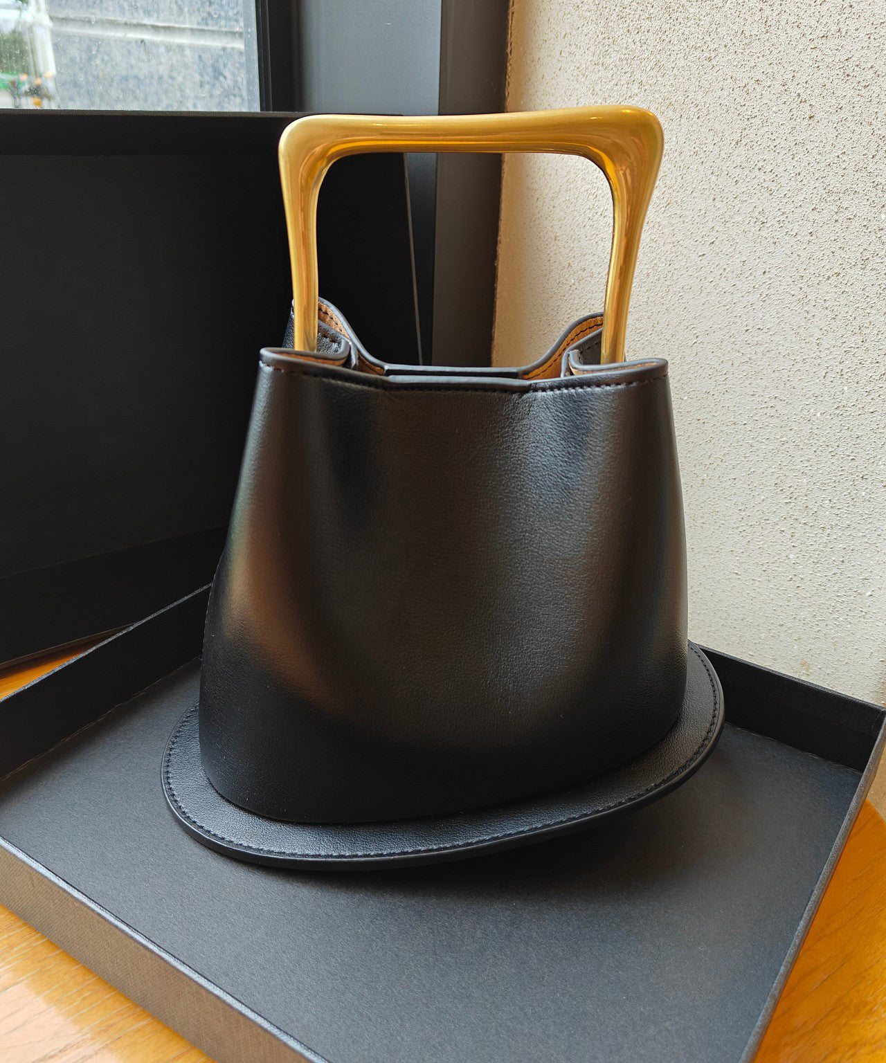 Classy Black Asymmetric Design Calf Leather Satchel Handbag