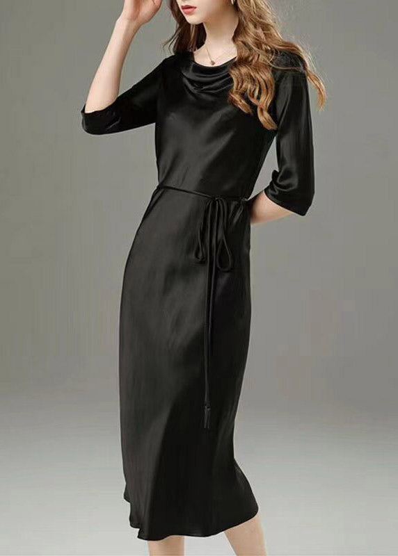 Satin Cowl Neck Three Quarter Sleeve Tie Waist Midi Dress
