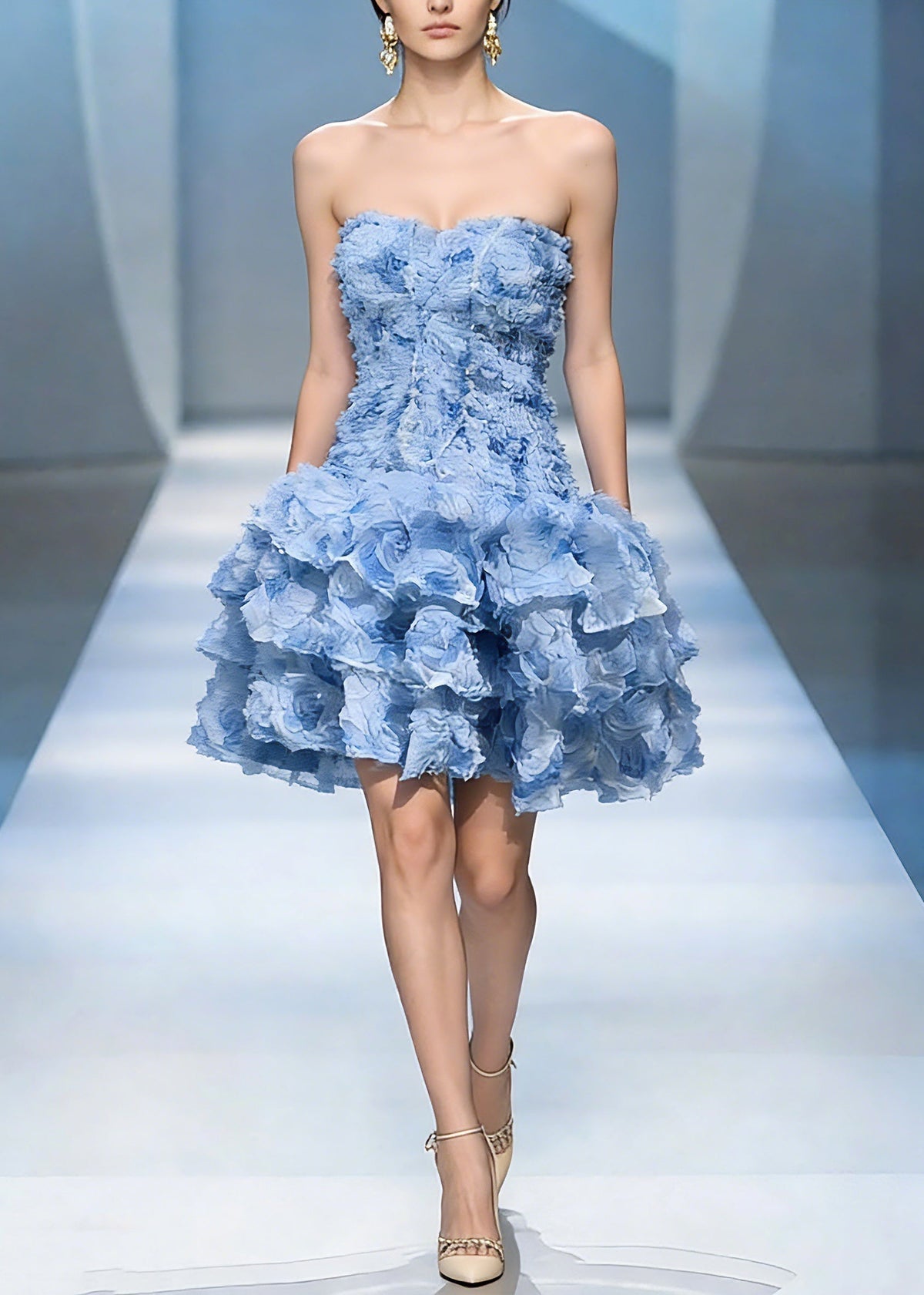 Strapless Sweetheart 3D Rosette Tiered Ruffle Fit and Flare Mini Dress - View 3