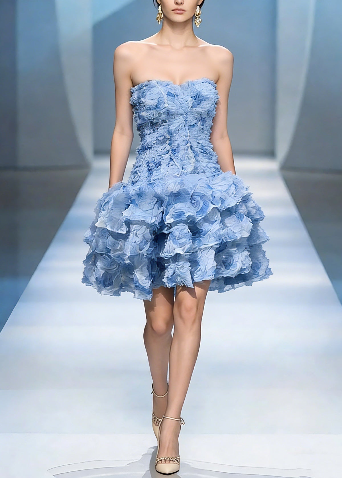Strapless Sweetheart 3D Rosette Tiered Ruffle Fit and Flare Mini Dress - View 5