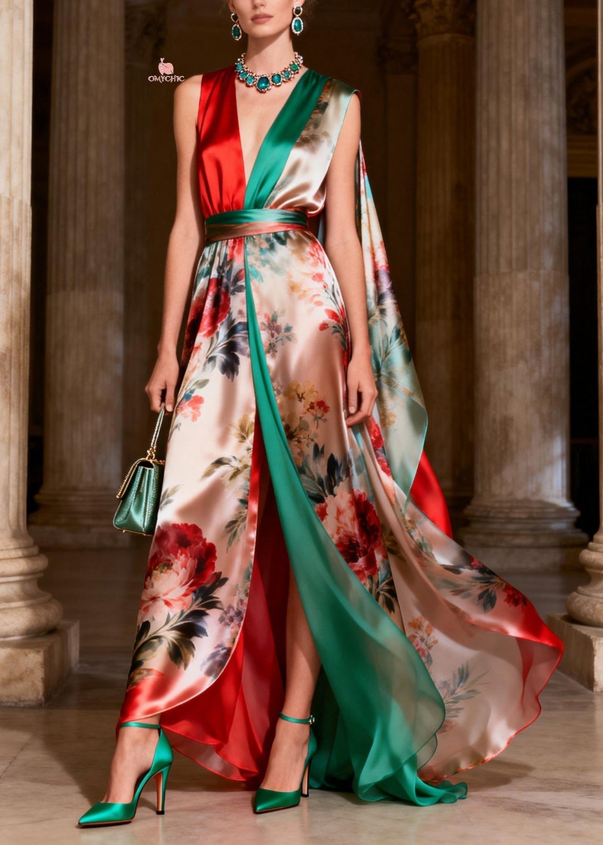 Floral Print Colorblock Deep V-Neck Sleeveless Cape Maxi Gown