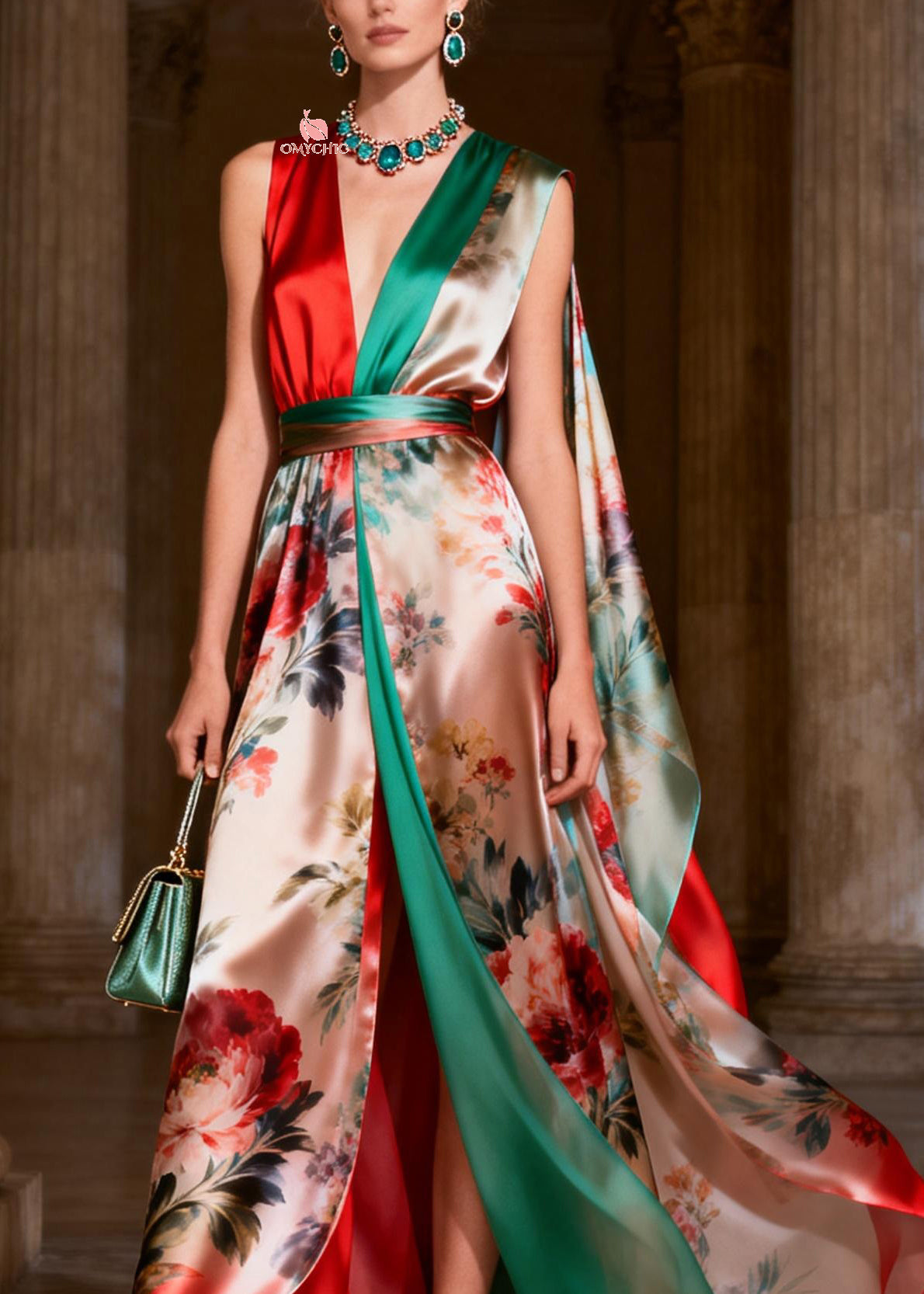 Floral Print Colorblock Deep V-Neck Sleeveless Cape Maxi Gown - View 2