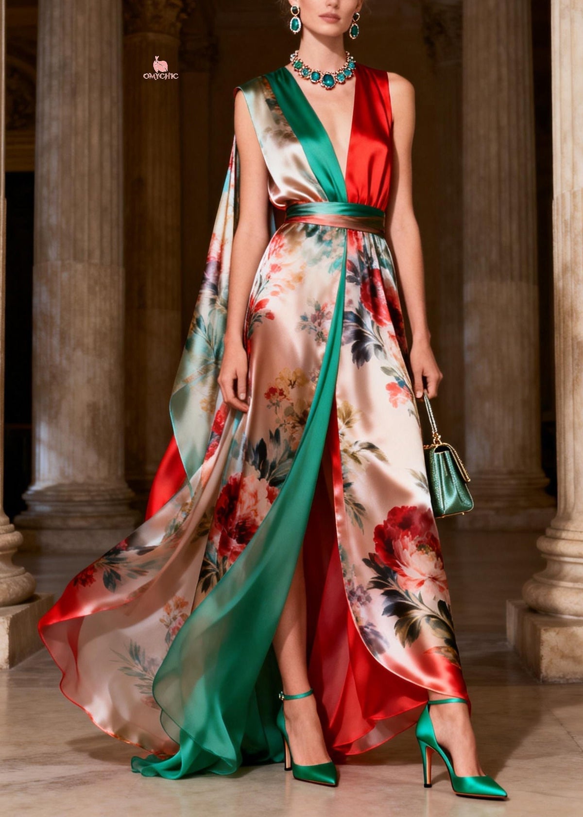 Floral Print Colorblock Deep V-Neck Sleeveless Cape Maxi Gown - View 3