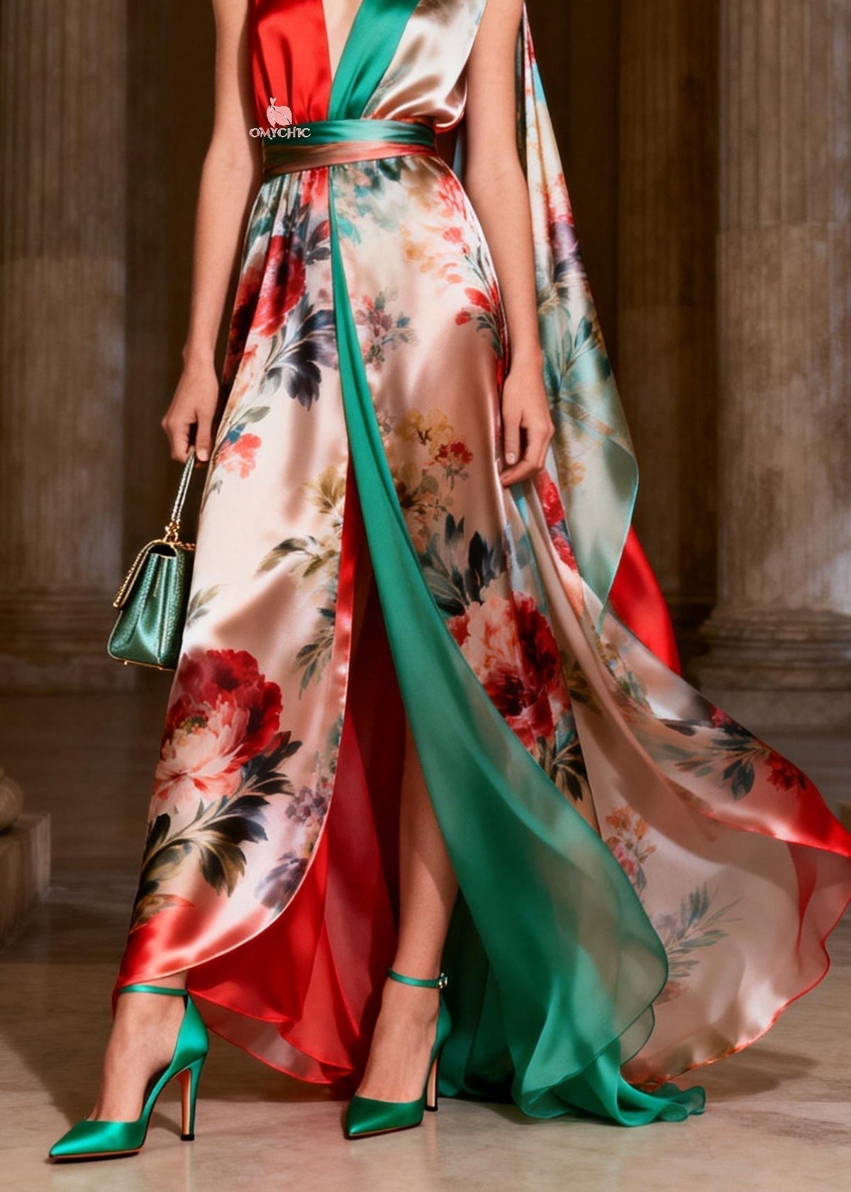 Floral Print Colorblock Deep V-Neck Sleeveless Cape Maxi Gown - View 4