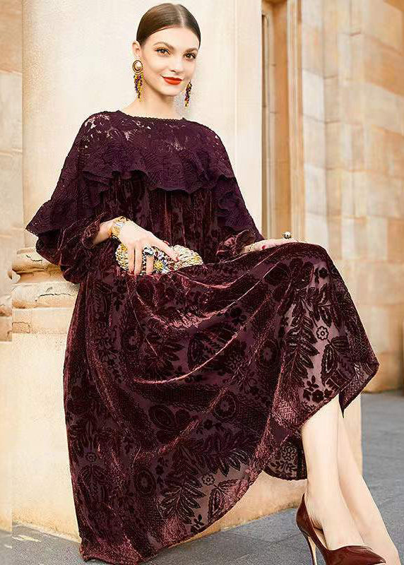 Velvet Burnout Floral Lace Ruffle Long Sleeve Oversized Midi Dress