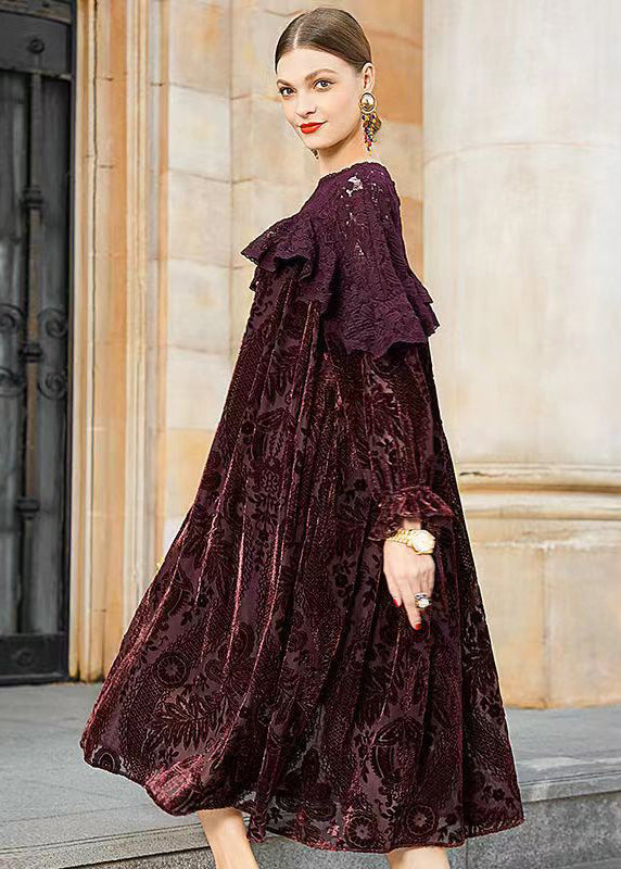 Velvet Burnout Floral Lace Ruffle Long Sleeve Oversized Midi Dress - View 4