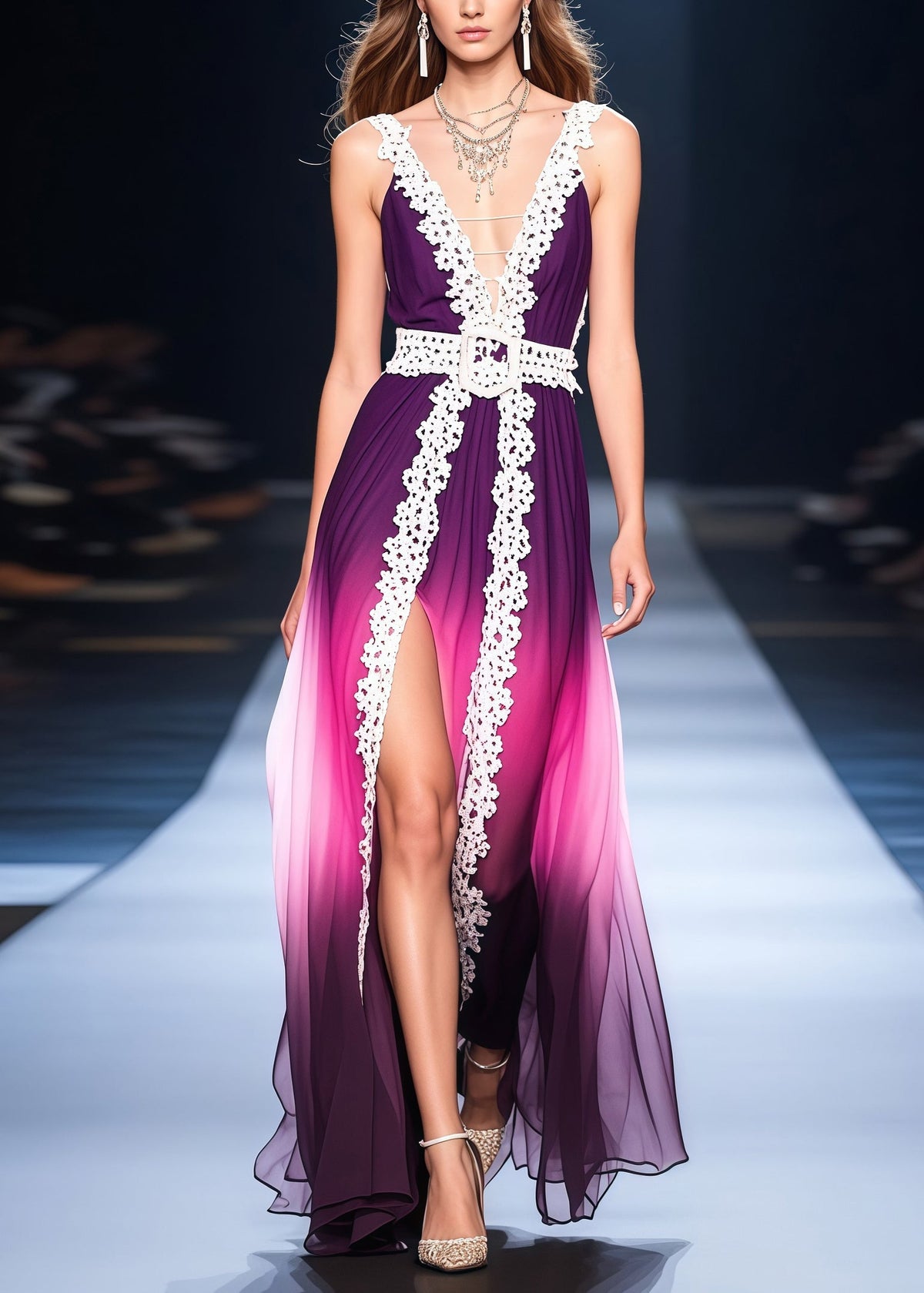 Spaghetti Strap Deep V-Neck Chiffon Lace Trim Pleated Maxi Gown
