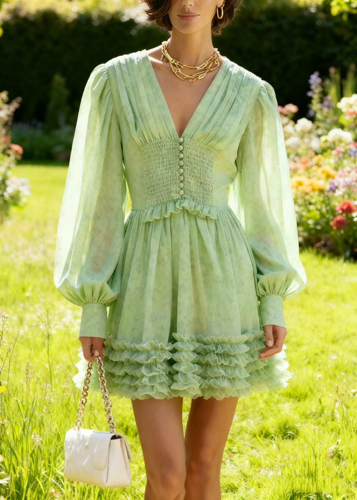 Classy Green V Neck Ruffled Chiffon Mid Dress Spring - View 5
