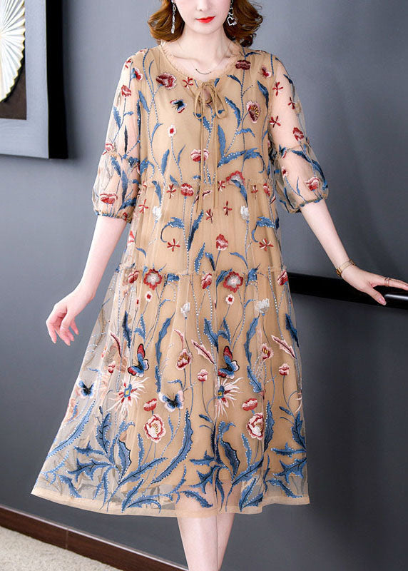 Embroidered Butterfly Mesh Lace Up Neck Tiered Bell Sleeve Midi Dress - View 3