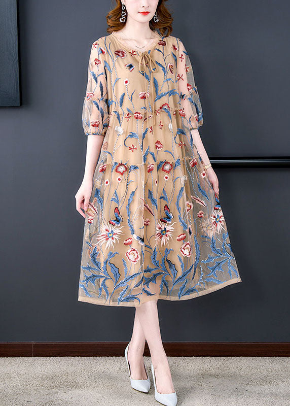 Embroidered Butterfly Mesh Lace Up Neck Tiered Bell Sleeve Midi Dress - View 4