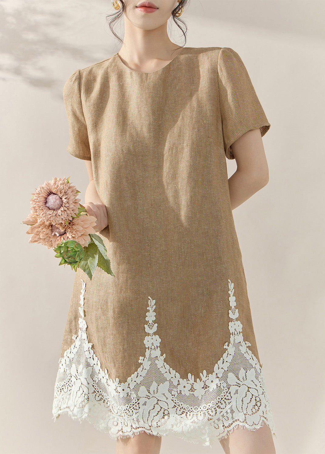 Linen Look Crew Neck Short Puff Sleeve Scalloped Lace Hem Mini Dress