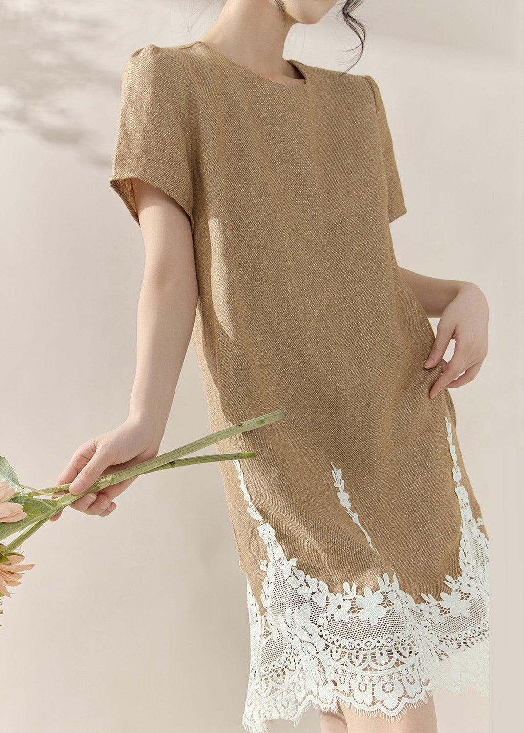 Linen Look Crew Neck Short Puff Sleeve Scalloped Lace Hem Mini Dress - View 3