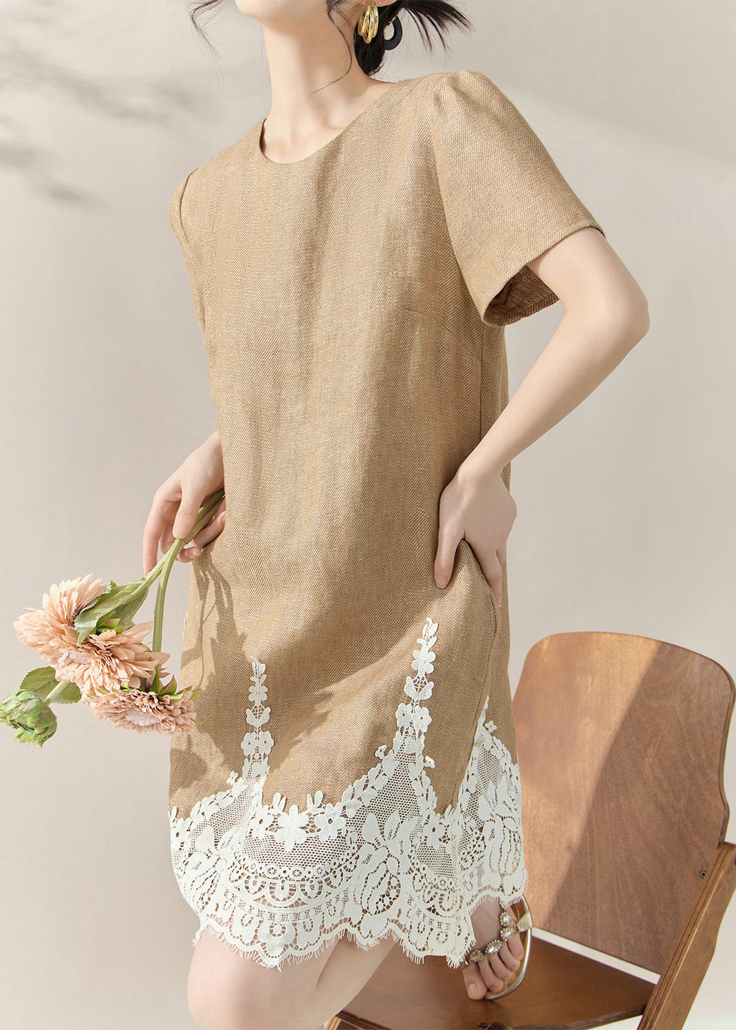 Linen Look Crew Neck Short Puff Sleeve Scalloped Lace Hem Mini Dress - View 4