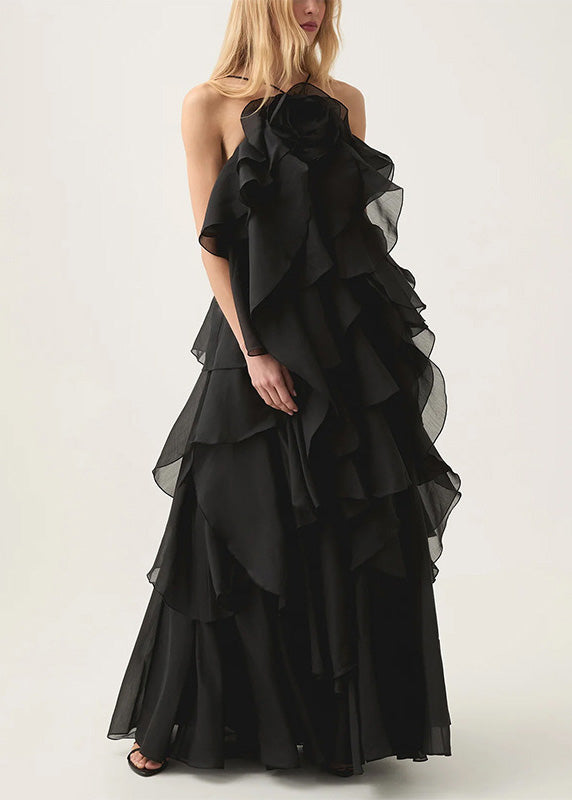 Classy Orange Ruffled Asymmetrical Patchwork Chiffon Dress Summer - View 2