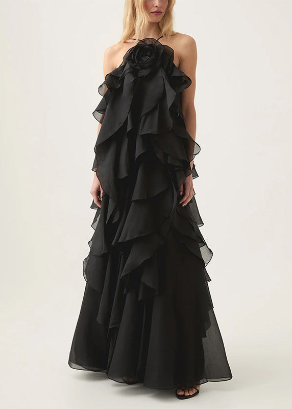 Classy Orange Ruffled Asymmetrical Patchwork Chiffon Dress Summer - View 5