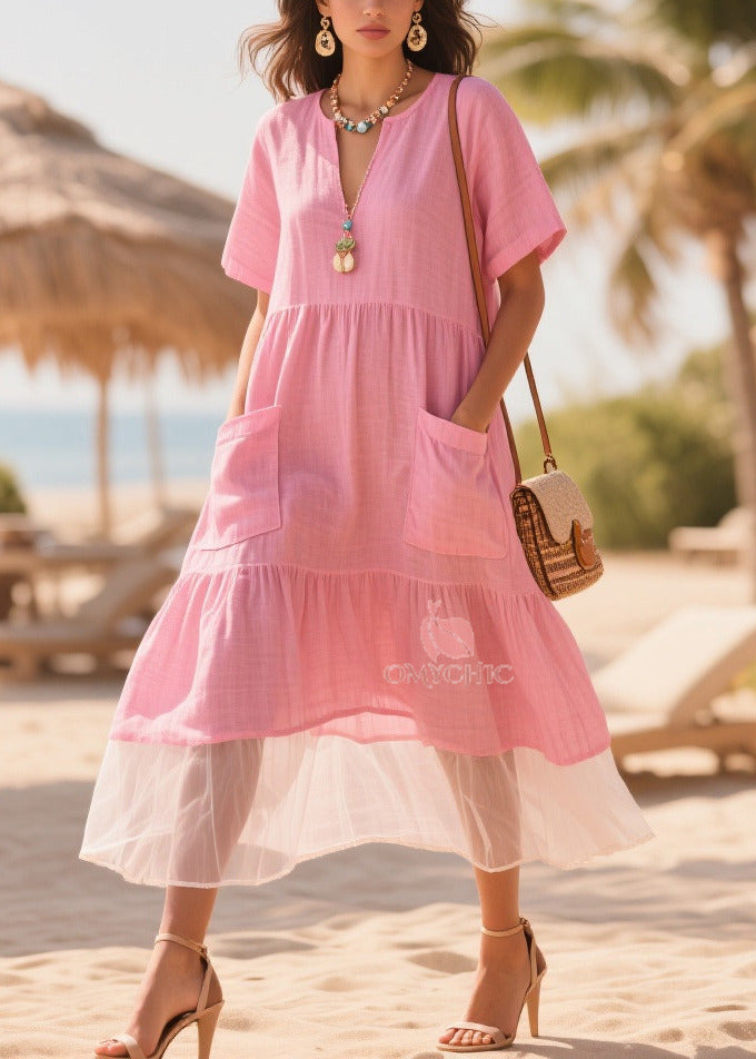 Classy Pink Oversized Patchwork Tulle Cotton Maxi Dresses Summer - View 3