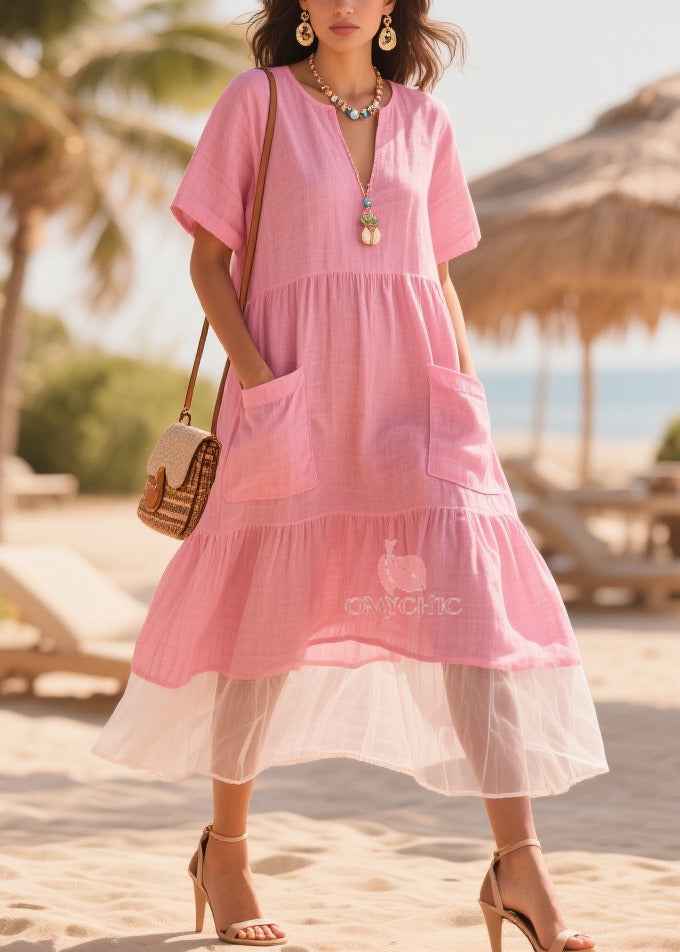 Classy Pink Oversized Patchwork Tulle Cotton Maxi Dresses Summer - View 5