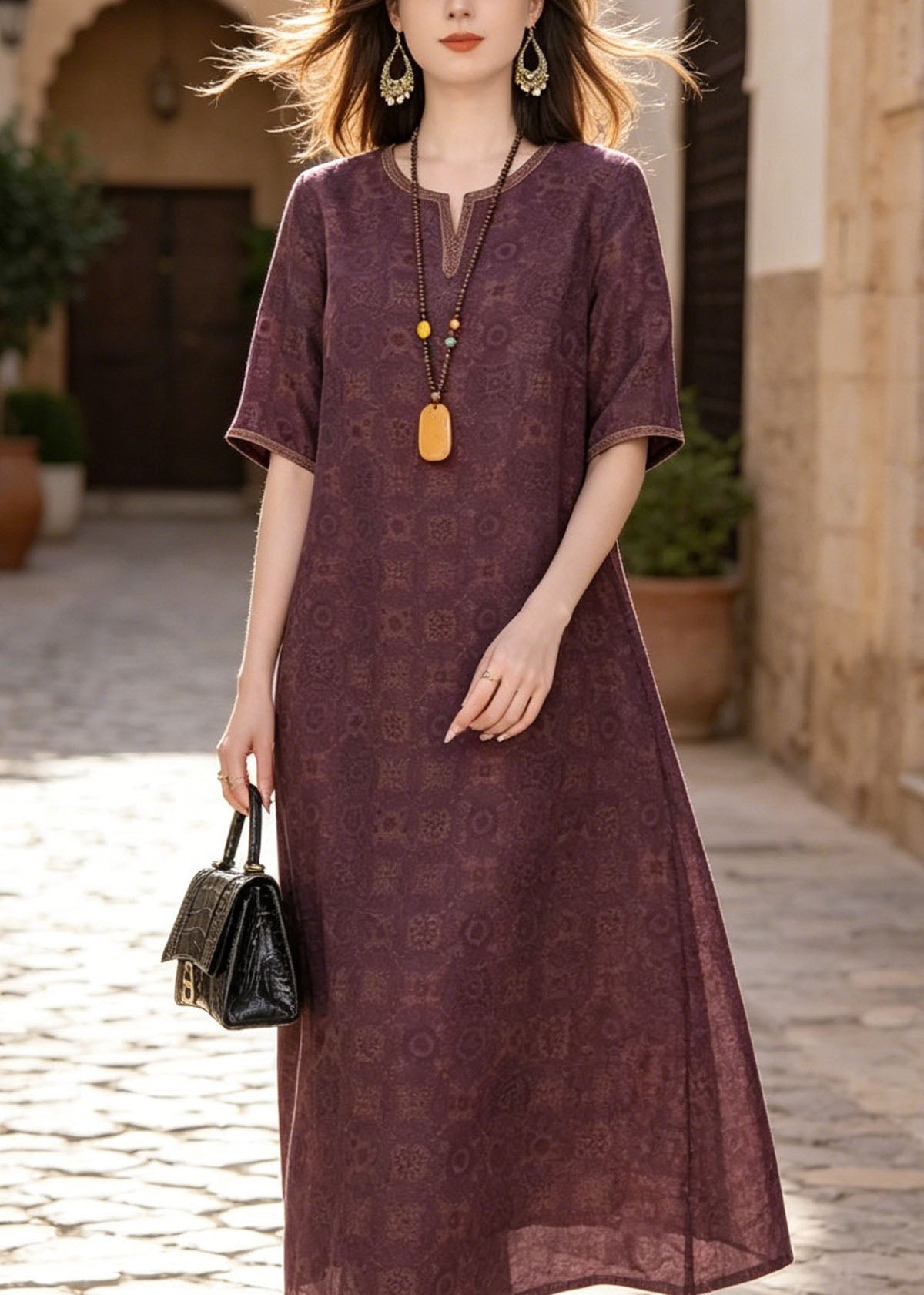 Geometric Print Split Neck Short Sleeve Relaxed A-Line Maxi Dress - View 2