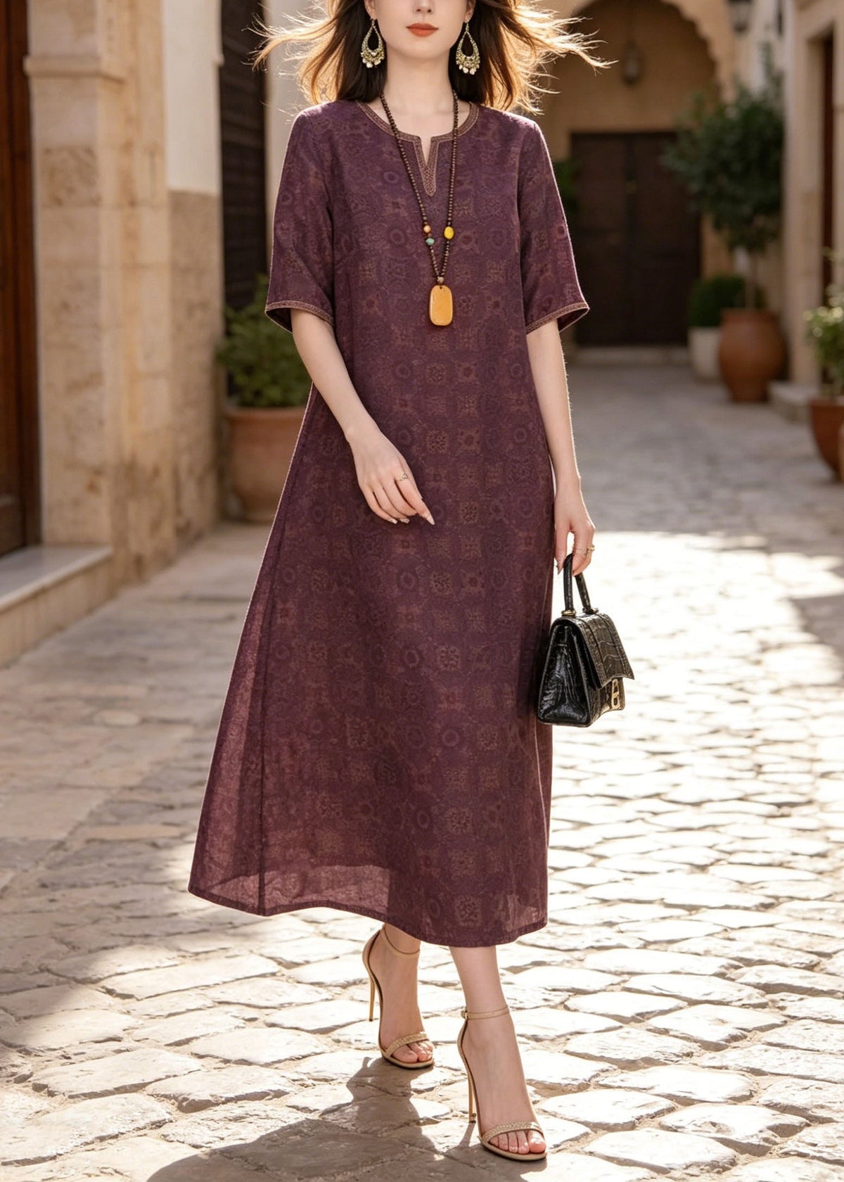 Geometric Print Split Neck Short Sleeve Relaxed A-Line Maxi Dress - View 3