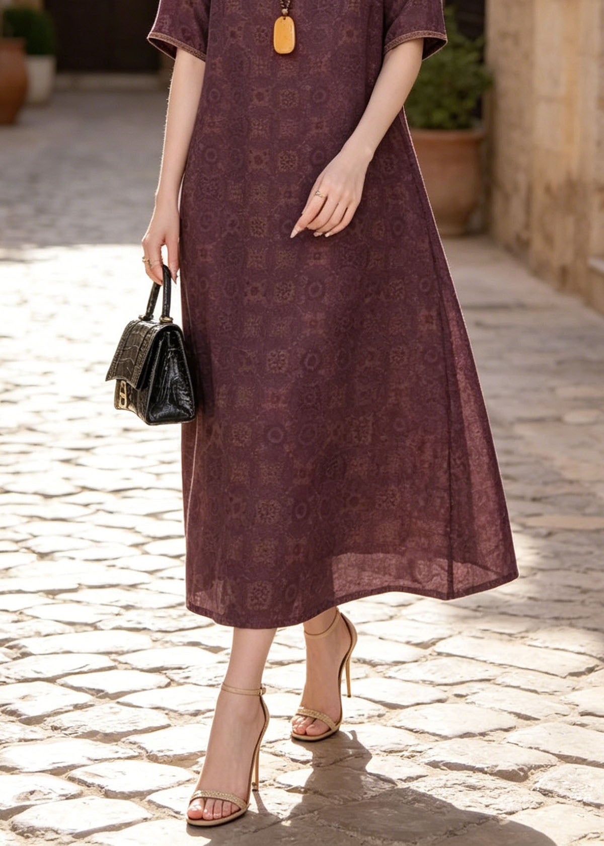 Geometric Print Split Neck Short Sleeve Relaxed A-Line Maxi Dress - View 4