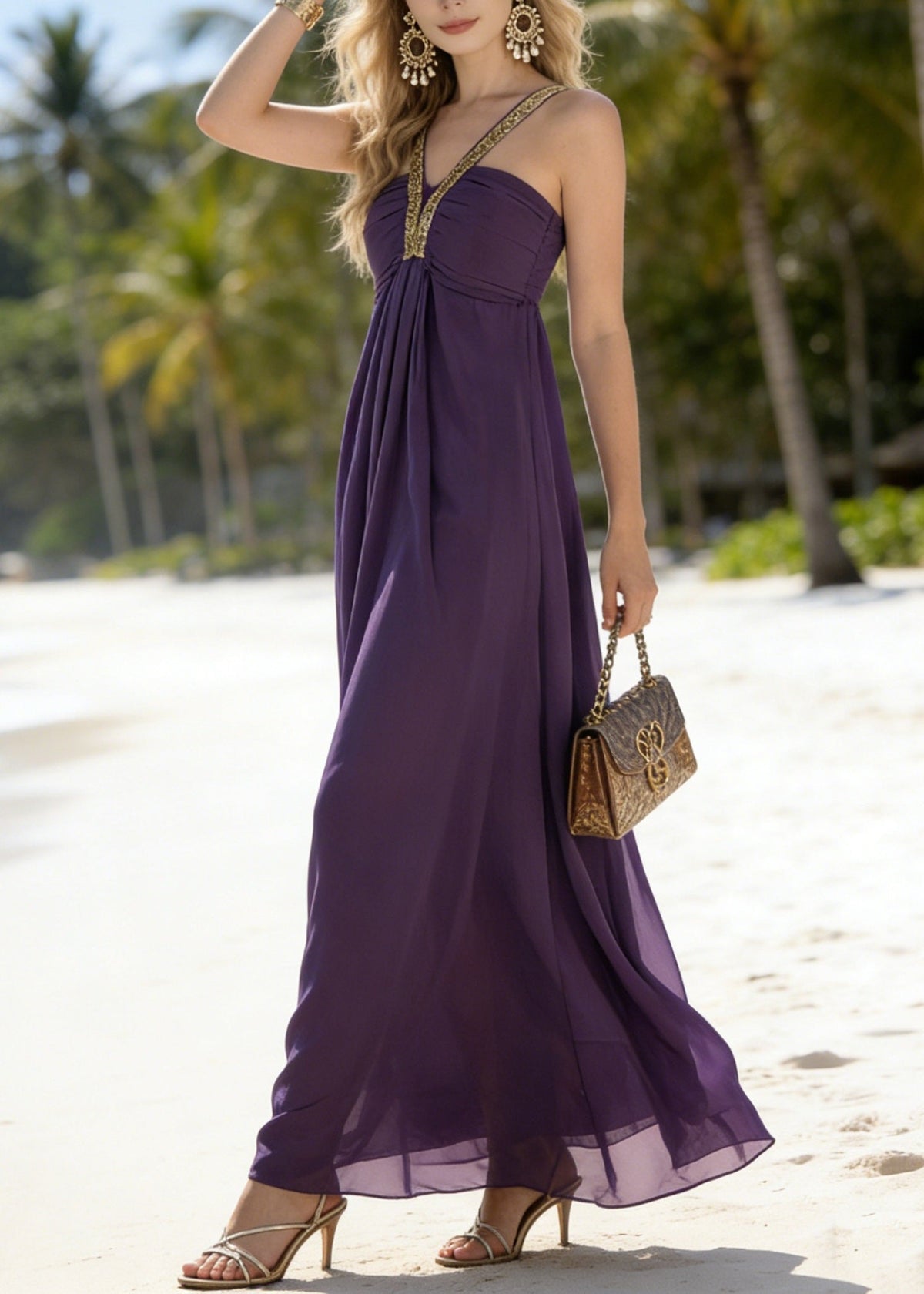 Classy Purple Patchwork Chiffon Spaghetti Strap Dress Summer - View 2