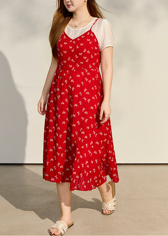 Floral Print Crinkle Texture Faux Two Piece Puff Sleeve Midi Dress - View 2