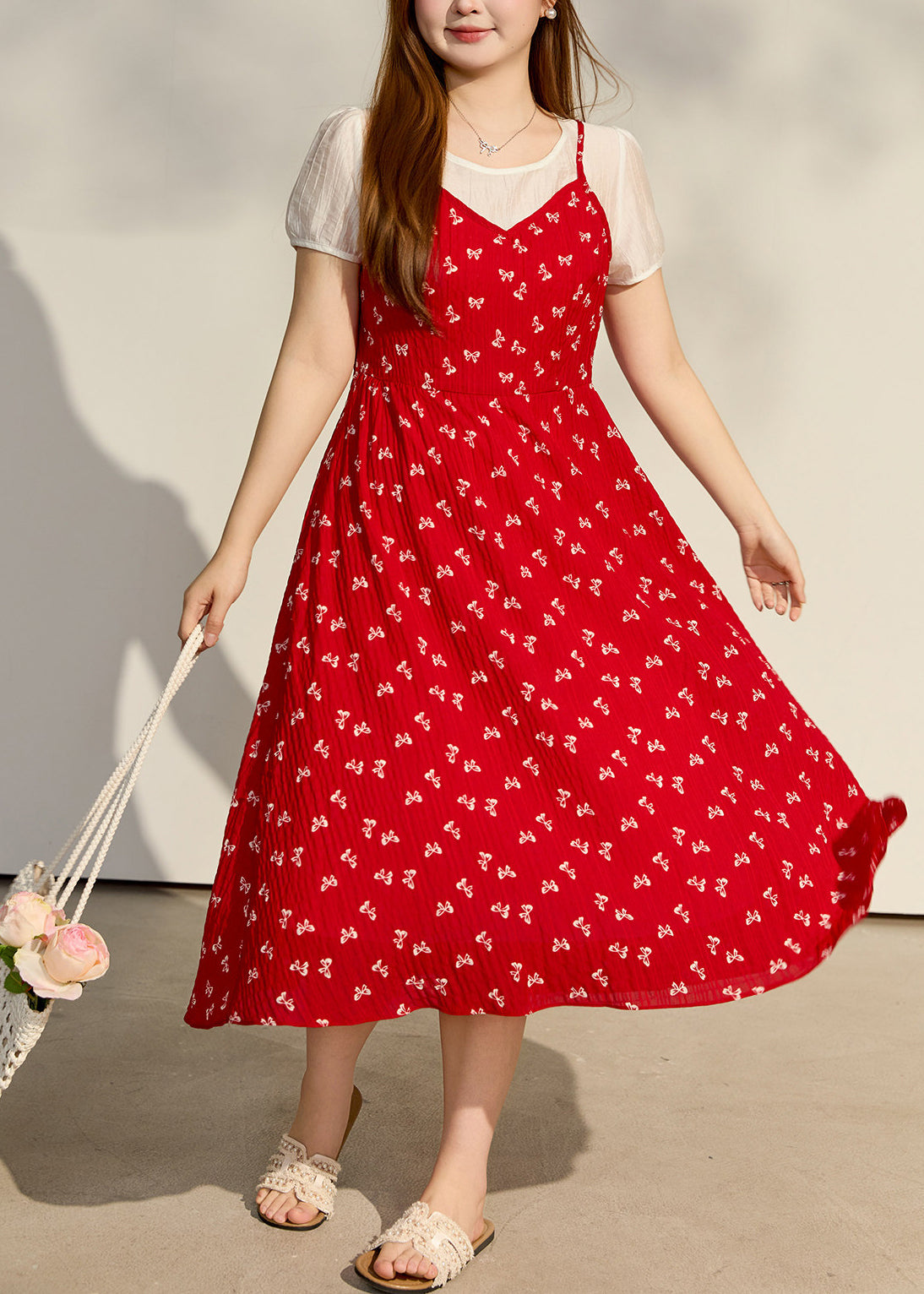 Floral Print Crinkle Texture Faux Two Piece Puff Sleeve Midi Dress - View 4