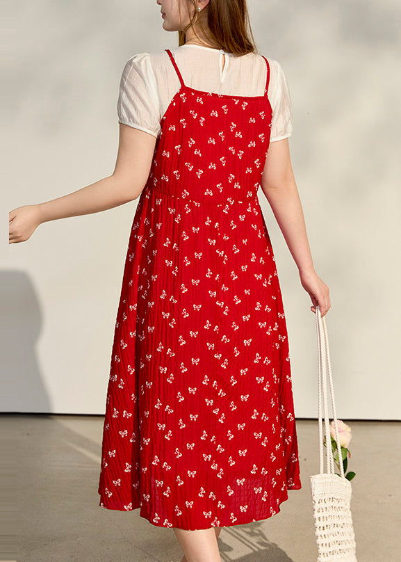 Floral Print Crinkle Texture Faux Two Piece Puff Sleeve Midi Dress - View 5