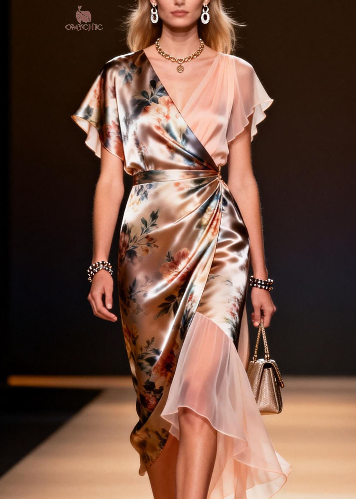 Satin Floral Wrap V-Neck Flutter Sleeve Sheer Panel Midi Dress - View 2