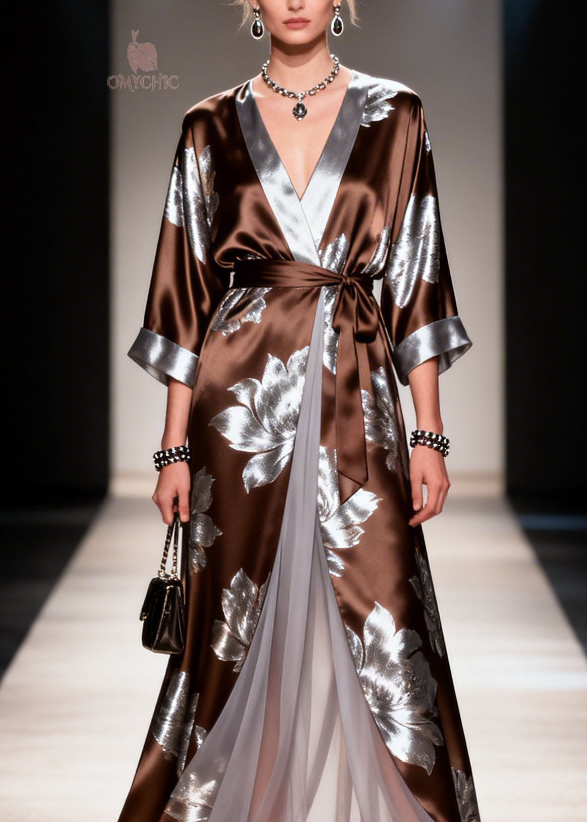Deep V-Neck Wrap Sleeve Metallic Floral Pleated Chiffon Maxi Gown - View 2