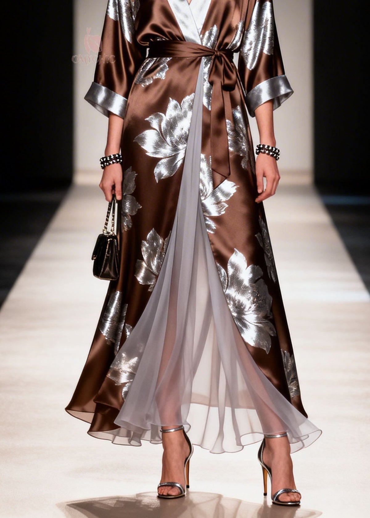 Deep V-Neck Wrap Sleeve Metallic Floral Pleated Chiffon Maxi Gown - View 4