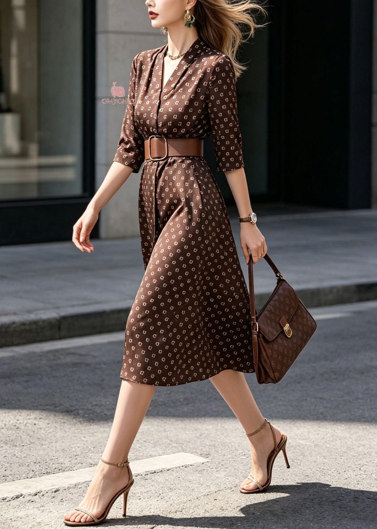 Geometric Print Notched Lapel V-Neck A-Line Midi Dress