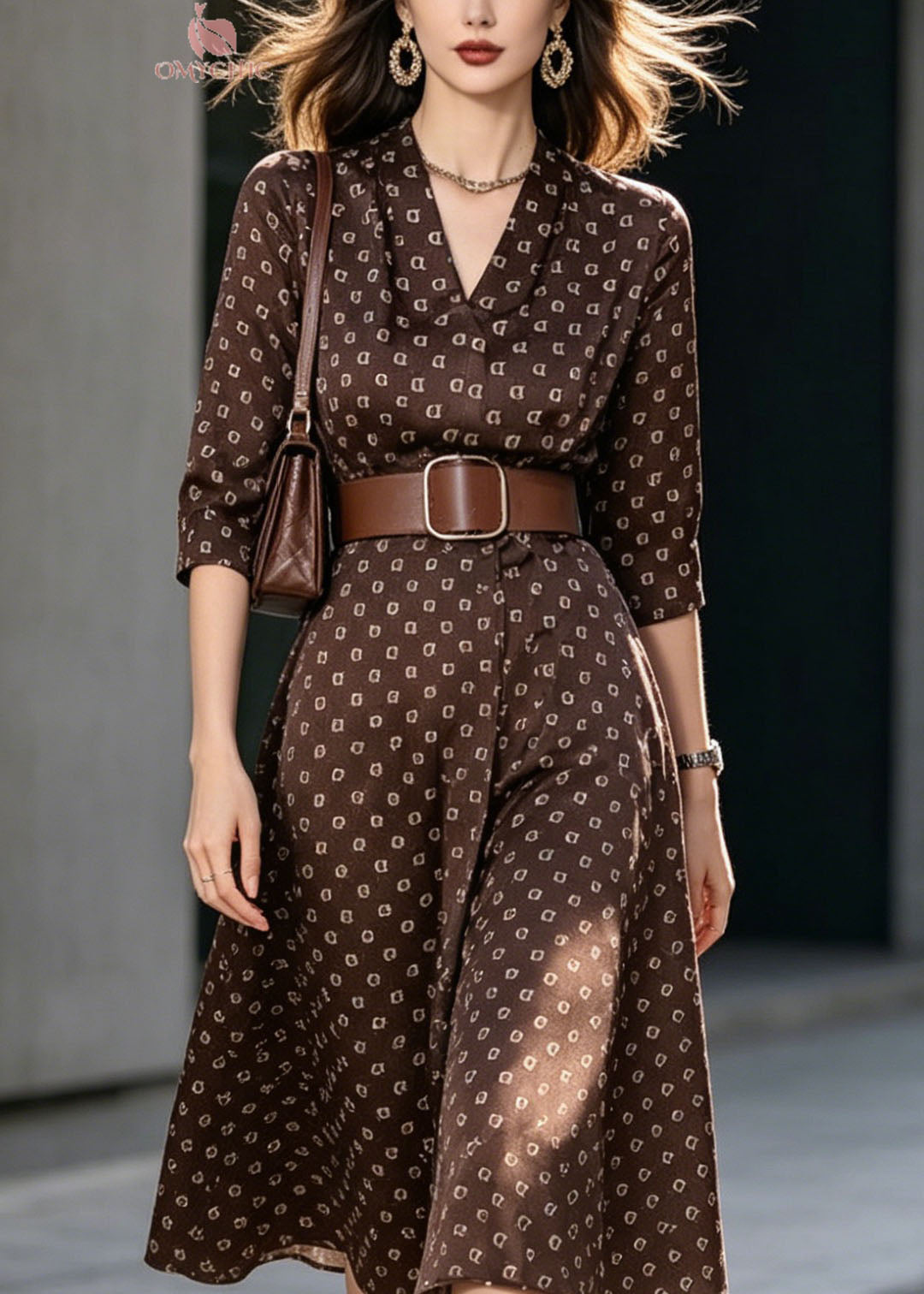 Geometric Print Notched Lapel V-Neck A-Line Midi Dress - View 3