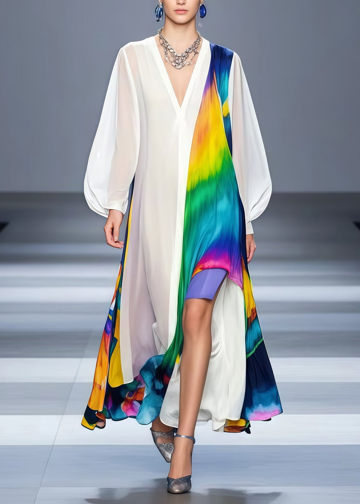 Tie Dye Deep V-Neck Puff Sleeve Chiffon High Split Maxi Dress - View 3