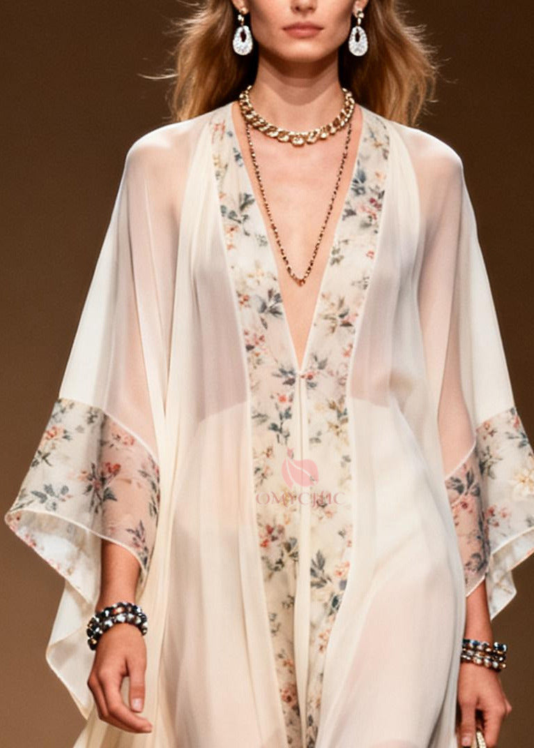 Deep V-Neck Kimono Sleeve Floral Trim Chiffon Midi Dress - View 2